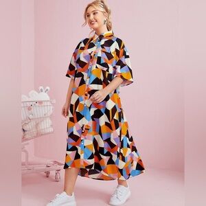 NWOT Drop Shoulder Geo Print Midi Shirt Dress